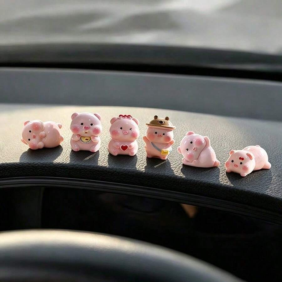 6pcs Creative Cream Pig Car Dashboard Desktop Decoration DIY Car Interior Office Desk Computer Screen Decor Accessories - Creamy Pig - View 1