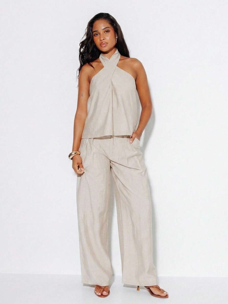 Pimkie Edition Women's Two-Piece Set, Halter Top, Wide-Leg Pants, Regular Fit, Smart Casual Minimalist Elegant Vacation Beige Summer - Mocha Brown - View 1
