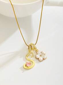 1pc Heart Initial Letter & White Five-Petal Flower Multi-Pendant Necklace For Girl's Anniversary Dates Party Holiday Birthday Gift For Daily Wear - Gold - View 5
