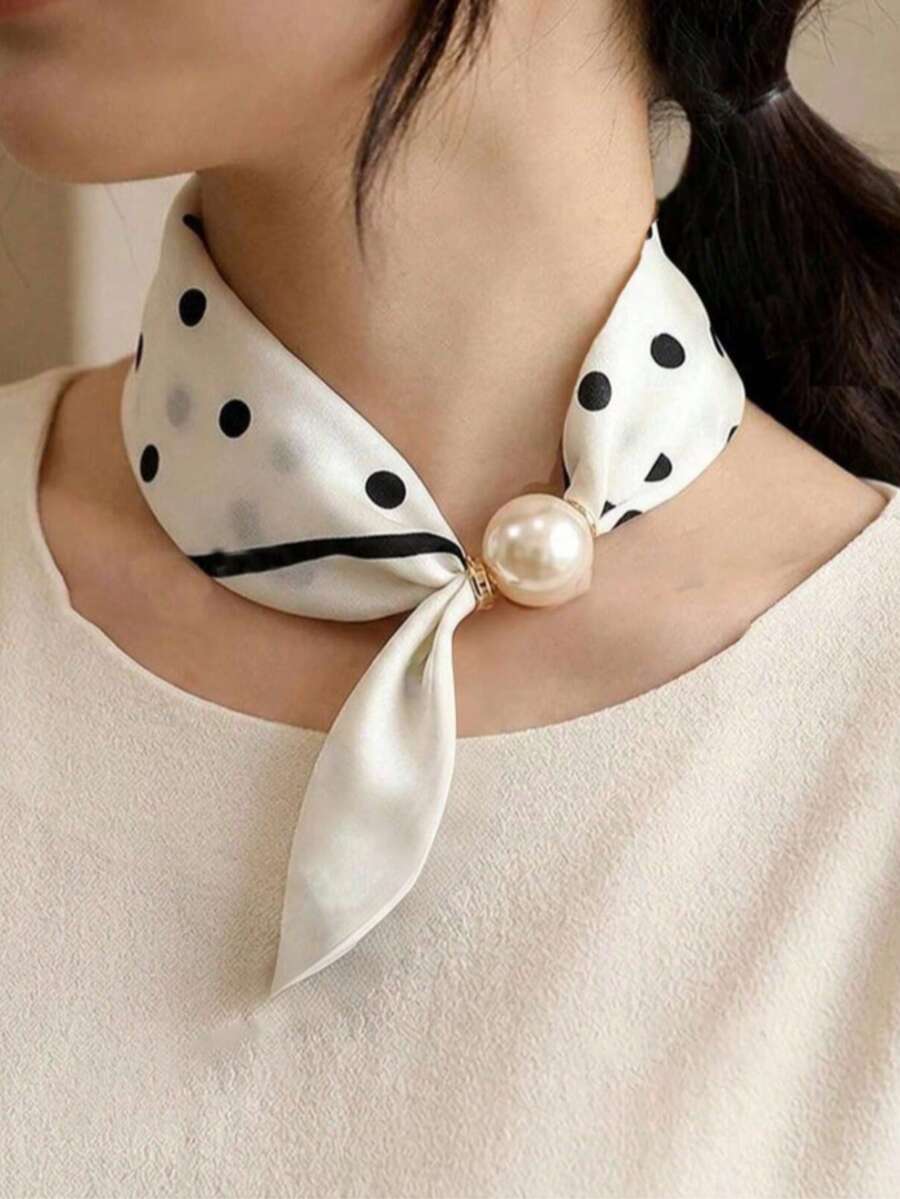 1pc Women's Instant Magnetic Pearl Button Silk Scarf, Lightweight Printed Neck Scarf, Daily Use, Travel Gift Accessory - Multicolor - View 1