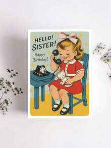 OBOVAY 1pc "Hello! Sister! Happy Birthday!" Retro Birthday Card With Envelope, Vintage Girl & Cat Design, Sweet Nostalgic Greeting For Sisters, Suitable For Birthdays & Celebrations, Blank Inside - New Arrival - View 6