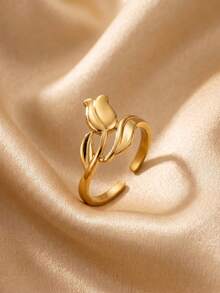 Tulip Shaped Stainless Steel Ring With Adjustable Opening, Suitable For Women's Daily Commuting, Dating, Party Dressing, Gift Giving, And Accessories - Multicolor - View 3