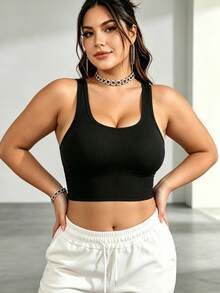 Plus Size Solid Color Jacquard Back Women's Sports Bra, Seamless High Elasticity Fitness Cropped Top - Black - View 3