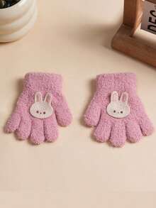1/2 Pairs Kids Cartoon Patch Coral Fleece Full Finger Gloves, Bear Rabbit Heart Patch Soft Warm Winter Gloves, Suitable For Toddler Boys And Girls - Multicolor - View 9