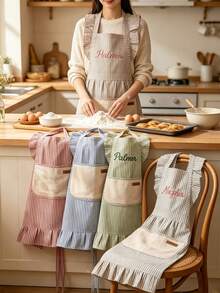 1pc Personalized Ruffle Apron, Adjustable Striped Kitchen Apron (With Pockets), Customized Baking Apron, Farmhouse Kitchen Accessory, Vintage Women'S Apron, Home Cooking Apron, Barista Apron, Handmade Style Kitchen Gift, Housewarming Gift - Multicolor - View 7