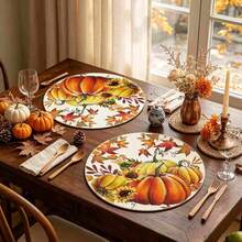 1/4/6pcs Autumn Collection Harvest Pumpkin & Maple Leaf Hand-Painted Pattern Placemats, Polyester Fiber, Suitable For Home Kitchen, Kitchen Table Decoration And Party Scene Decoration - Multicolor - View 2