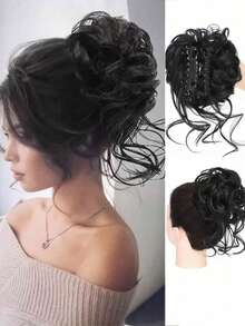 Women's Clip-On Fluffy Bun Hairpiece, Short Curly Wavy Synthetic Hair Bun Extension, Chestnut Brown Chignon High Ponytail Volumizer Hair Accessory - Multicolor - View 10