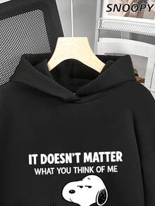 Winter Women's Fleece-Lined Hooded Sweatshirt With Print "IT DOESN'T MATTER" Snoopy Cute Long-Sleeved - Black - View 6