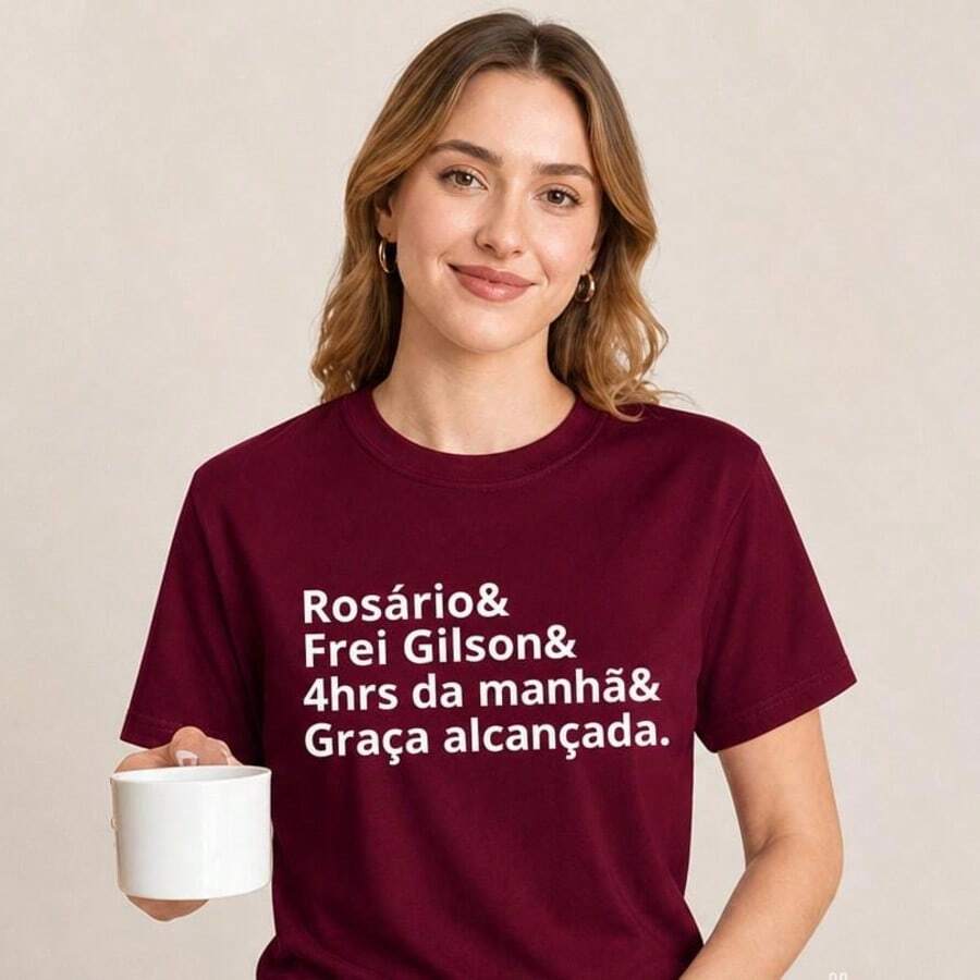 Camiseta Feminina 100% Algodão Rosário & Frei Gilson – Confortável e Estilosa - bordô - Visão 1