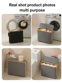 1pc Toilet Paper Storage Basket With Bamboo Lid, Wooden Bathroom Storage Rack, Easy Install Toilet Paper Holder, Home Kitchen Supplies, Bathroom Accessories Storage Rack, Toilet Paper Storage Box, Christmas, Autumn Bathroom Accessories - Multicolor - View 11