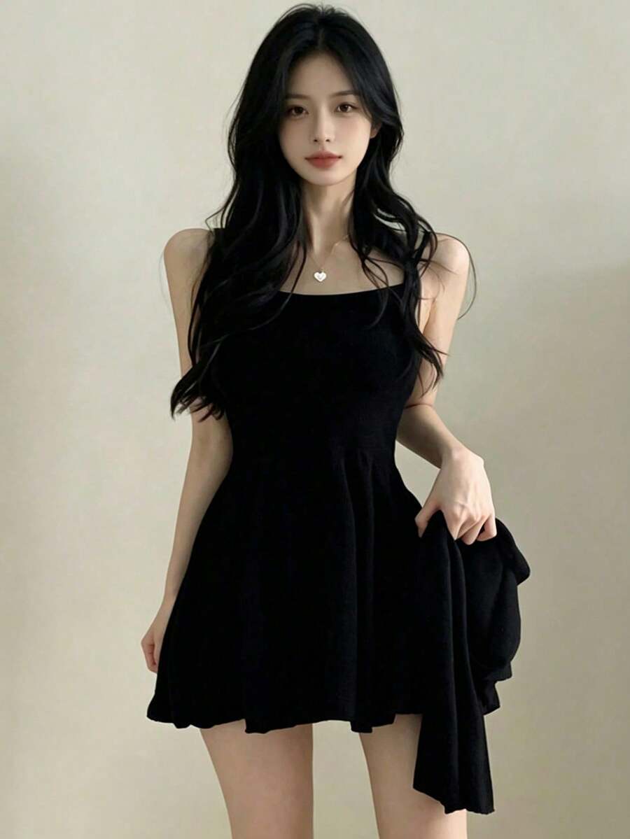 两件套女士纯色简约通勤吊带短裙和长袖上衣春季黑色优雅套装 - 黑色 - 查看 1