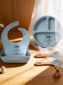 Infant Silicone Feeding Utensils, Christmas Style Customizable Name, Christmas Gift, Bib, Plate, Bowl, Fork & Spoon - Multicolor - View 7