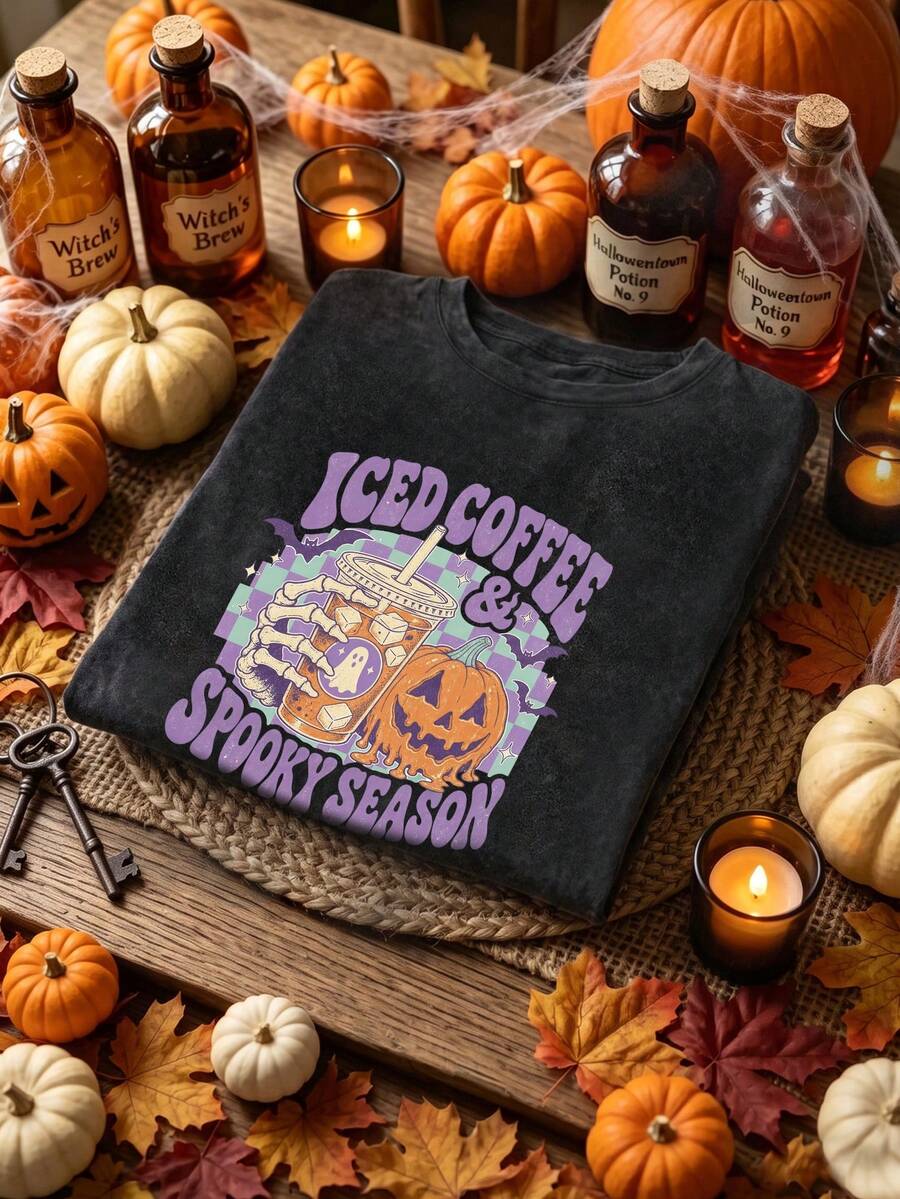 Plus Size Women's Daily Iced Coffee Pumpkin Horror Print Round Neck Short Sleeve Casual Spring/Fall/Summer Plus-Size T-Shirt Top Going Out Tops Women - Black - View 1