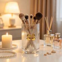 1pc Transparent Acrylic Makeup Brush Holder With Gold Bow, Creative Cosmetic Storage Bucket, Lipstick And Pen Organizer, Desktop Decor Makeup Storage Box - View 2