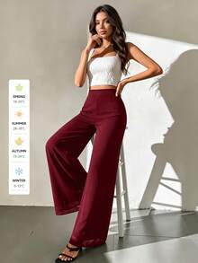 SUNSTORY Women's All-Season Versatile Fashion Casual Street Vacation Style Oversized High Waist Wide Leg Chiffon Pants, Suitable For Commuting, Outings, School Dance - Burgundy - View 2