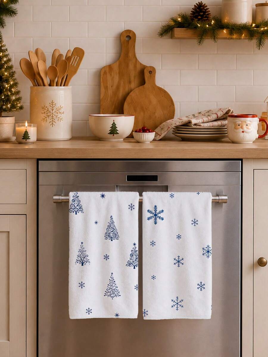 2PCS Christmas Simple Blue Snowflake Kitchen Towels, Rectangular Soft Microfiber Polyester Material, Dishcloth, Scouring Pad, Hand Towel, Cooking Baking Tea Towel, Christmas Kitchen Decor, Housewarming Gift, Birthday Gift, Bathroom Cleaning Cloth, Decorative Towel - Blue and White - View 1