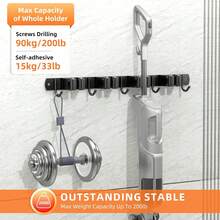 Heavy-Duty Stainless Steel Wall-Mounted Garden Tool Organizer- Powder-Coated Rust-Resistant Utility Shelf for Garage, Kitchen& Outdoor- Space-Saving Set of Two Enhanced Holders, Slip-Resistant Design Featuring Four Racks And Five Hooks - 2 Stk. 5 Haken & 4 Clips Schwarz - Übersicht 3