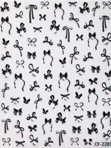 1PC Solid Black Long Tail Ribbon Bow Flat Nail Stickers, Simple Mixed Size Streamer Bow Pattern Waterproof Self-Adhesive Nail Decal Stickers For Valentine Party Nail Making - Multicolor - View 6