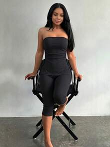 LovelyWholesale Women's Casual Ruffle Drawstring Side Slit Bandeau Top + Slim Fit Long Pants 2 Pieces Set Summer Outfit Elegant Black - Black - View 1