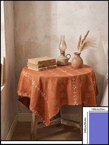 1pc Orange-Red Background White Flower Geometric Embroidered Tablecloth, Vintage Pastoral Style Fabric Material, Round Floral Vine Embroidery Detail Decoration, Home Use Round Tablecloth Suitable For Daily Home And Vintage Dining Table Arrangement - Orange - View 17