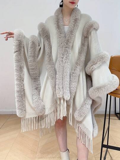 1pc Women's Solid Color Shawl, Multiple Faux Fur Trim, Plus Size Long Cape, Elegant Tassel Hem, Soft Acrylic Knit Scarf, Front Open