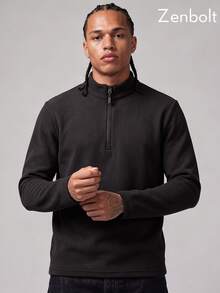 Zenbolt Men Half‑Zip Stand Collar Fleece Pullover, Soft Long Sleeve Relaxed Fit Casual Top For Daily Wear - Black - View 2