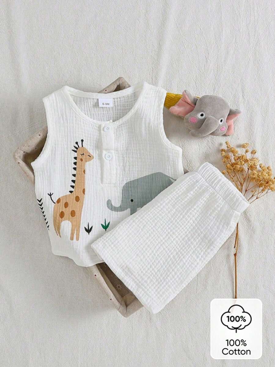 2pcs Baby Outfit Set, 100% Cotton Crinkle Gauze Sleeveless Button-Front Vest With Animal Giraffe & Elephant Print, Paired With Elastic Shorts, Newborn Summer Wear - White - View 1