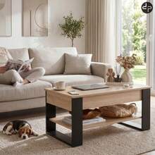 Lift-Top Coffee Table With Hidden Storage & Lower Shelf, 3-In-1 Adjustable Living Room Table,Modern Loft Industrial Design, 92 X 51 Cm - Sonoma Oak + Black - View 5