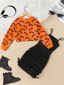 2Pcs Girls 2 Pieces Set Short Hollow-Out Bat Print Sweatshirt & Elastic Ribbed Slim Fit Cami Dress, Casual Vacation Halloween Autumn - Orange - View 5