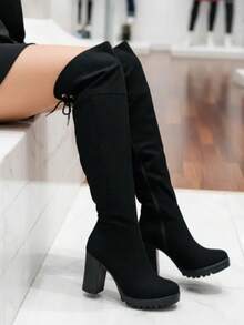 Botas con tacón para mujer, altas, cierres laterales, con suela antiderrapante y agujeta ajustable trasera. Invierno-Otoño.Comodidad. - Negro - Ver 6