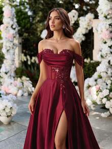 ADYCE Elegant Off Shoulder Waisted Backless Bodycon Tie-Back Lace High-Slit Fishbone Prom Gown Homecoming Wedding Guest Formal Dinner Birthday Christmas - Burgundy - View 3