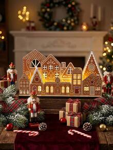 Christmas Gingerbread House Decor With Light Wooden Village Set,Gingerbread House Wooden Table Centerpiece Decor For Xmas,Farmhouse,Fireplace,Bookshelf,Dining Table,Windowsill - Multicolor - View 7