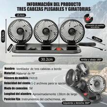 Ventilador para Auto de Tres Cabezas Giratorio 360°, Silencioso, Alta Potencia, Ventilador de Tablero para Coche Camión SUV Enfriamiento Verano - Gris - Ver 5