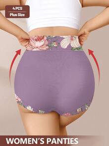 MIOTAN 4pcs Plus Size Women's High Waist Soft & Comfortable Printed Briefs, Everyday Wear - Multicolor - View 3