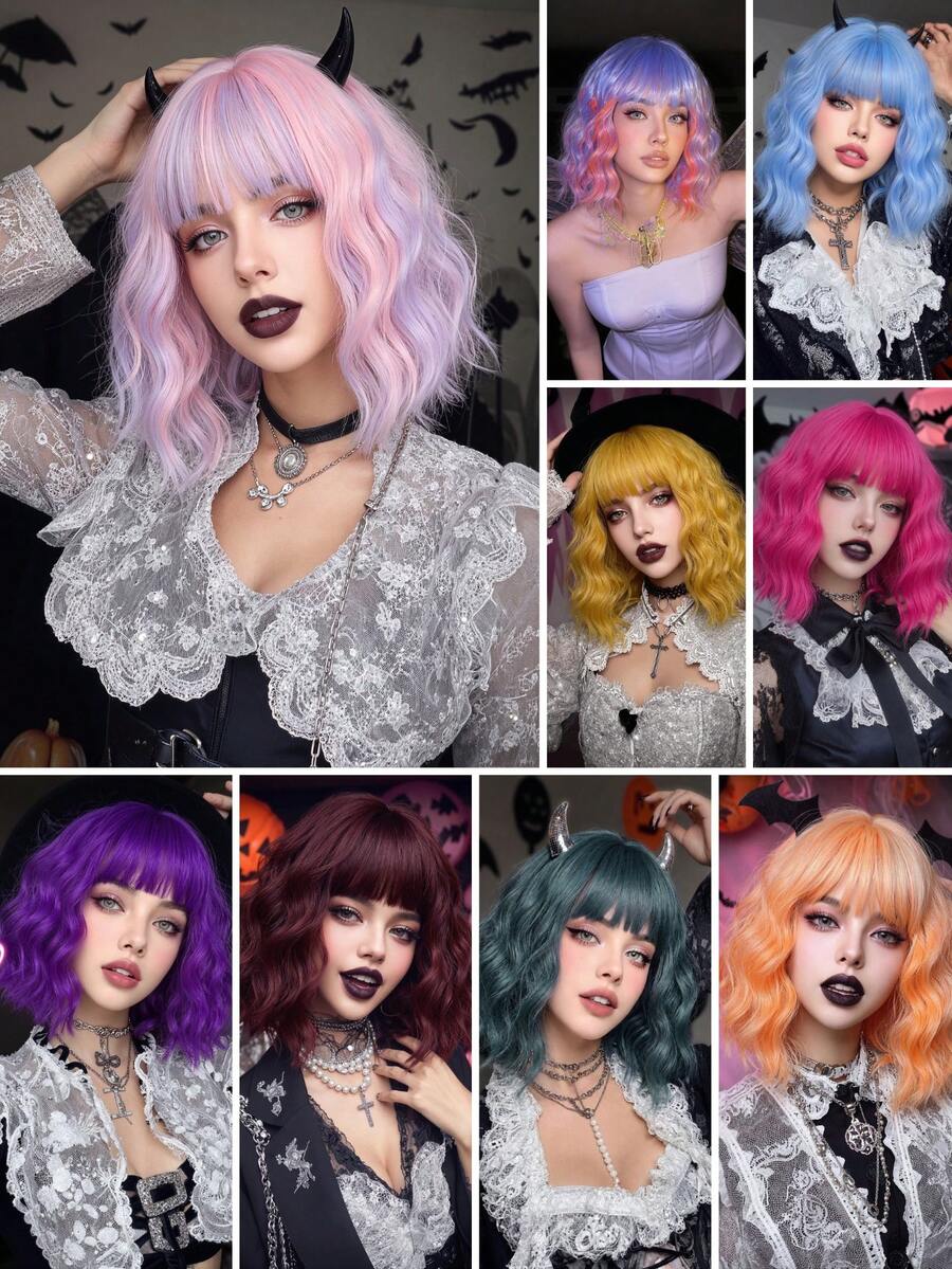 Halloween 12-Inch Multi-Color Short Curly Wig, Gradient Brown Black Pink Dopamine Color, Heat-Resistant Synthetic Fiber Wig, Suitable For Daily Wear, Party And Cosplay