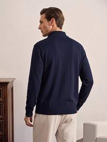 VeloEdit Men's Solid Color Long Sleeve Casual Zip-Up Stand Collar Sweater, Autumn/Winter Fall Winter - Navy Blue - View 2