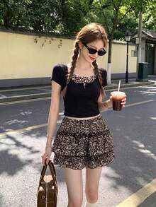 2-In-1 Low Neck Button Leopard Print Halter Tie Women's Summer Short Sexy Fitted Short Sleeve T-Shirt Top Black - Black - View 4