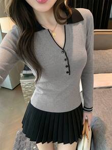 女款秋季韓系休閒甜美風拼色 Polo 領針織毛衣，修身顯瘦長袖上衣，溫柔優雅百搭內搭層 - 灰色 - 查看 4