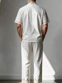 GOLDREDY Bird & Floral Print Linen Men's Breathable Collared Shirt And Drapey Floor-Length Wide Leg Pants Beach Casual 2 Pieces Set - White - View 3