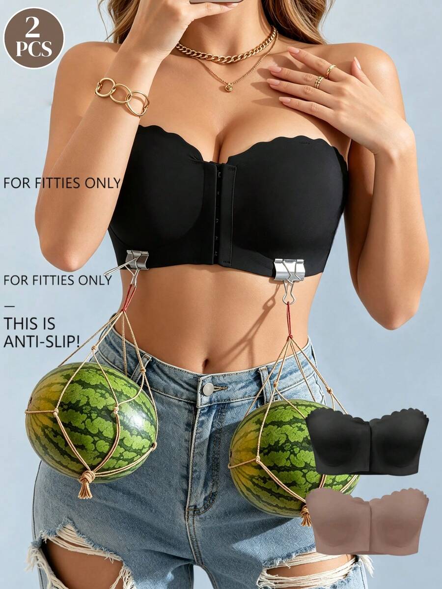 2pcs Mocha Color Front Closure Fan-Shaped Bandeau Bra, Upgraded Wide Silicone Anti-Slip Shoulder Straps, Soft Comfortable Lining, Seamless Wire-Free Women's Lingerie - Multicolor - View 1