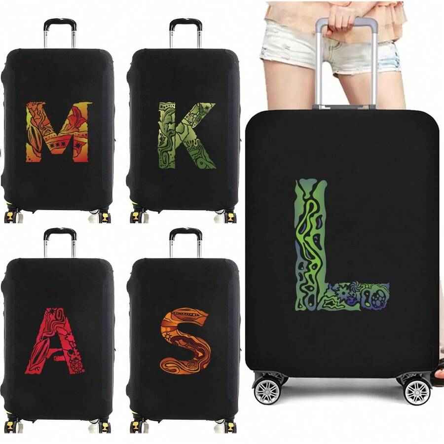 Vibrant Artistic Letter Print Elastic Luggage Cover, Dustproof & Scratch-Resistant Suitcase Protective Sleeve, Fits 18-32 Inch Travel Rolling Luggage - Black - View 1