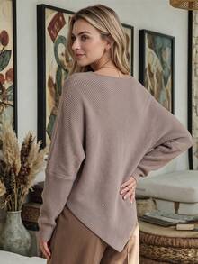NiceArt Women's Autumn/Winter Brown Vintage Batwing Sleeve Knit Sweater, Boat Neck Diagonal Ribbed Knit Asymmetrical Hem Pullover, Autumn Outfit, Office Commute, Social - Mocha Brown - View 2