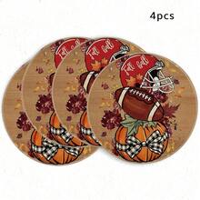 1/4/6pcs Autumn Collection American Football & Pumpkin Hand-Painted Pattern Placemats, Polyester Fiber, Suitable For Home Kitchen Table Decoration And Party Scene Decor - Multicolor - View 8