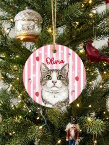 Personalized Pet Portrait Ceramic Ornament: Dog Cat Photo Striped Ornament, Cute Ornament Gift For Pet Owner, Pet Memorial Gift, Christmas Photo Ornament - White - View 5