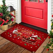 1PC Welcome Doormat With Santa Claus And Reindeer Pulling Sleigh Pattern And "It's The Most Wonderful Time Of The Year" Text | Suitable For Room Decor, Floor Mat, Bedroom Carpet, Kitchen Mat, Home Decor, Entryway Mat And Bathroom Mat. Christmas Home Decor, Perfect Christmas Gift, Suitable For Winter Use - A - View 4