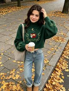 Women's High Neck Solid Color Loose Short Knit Sweater, Fox Moon Star Embroidery, Soft Comfortable Autumn/Winter Versatile Top - Green - View 4