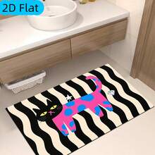 1PC Black White Wavy Stripe Cat Print Diatomaceous Earth Bath Mat, Pink Blue Polka Dot Cat Pattern Non‑Slip Super Absorbent Diatomite Bath Rug, Halloween Christmas Decor For Bathroom Shower Entryway Home Decor - A - View 12