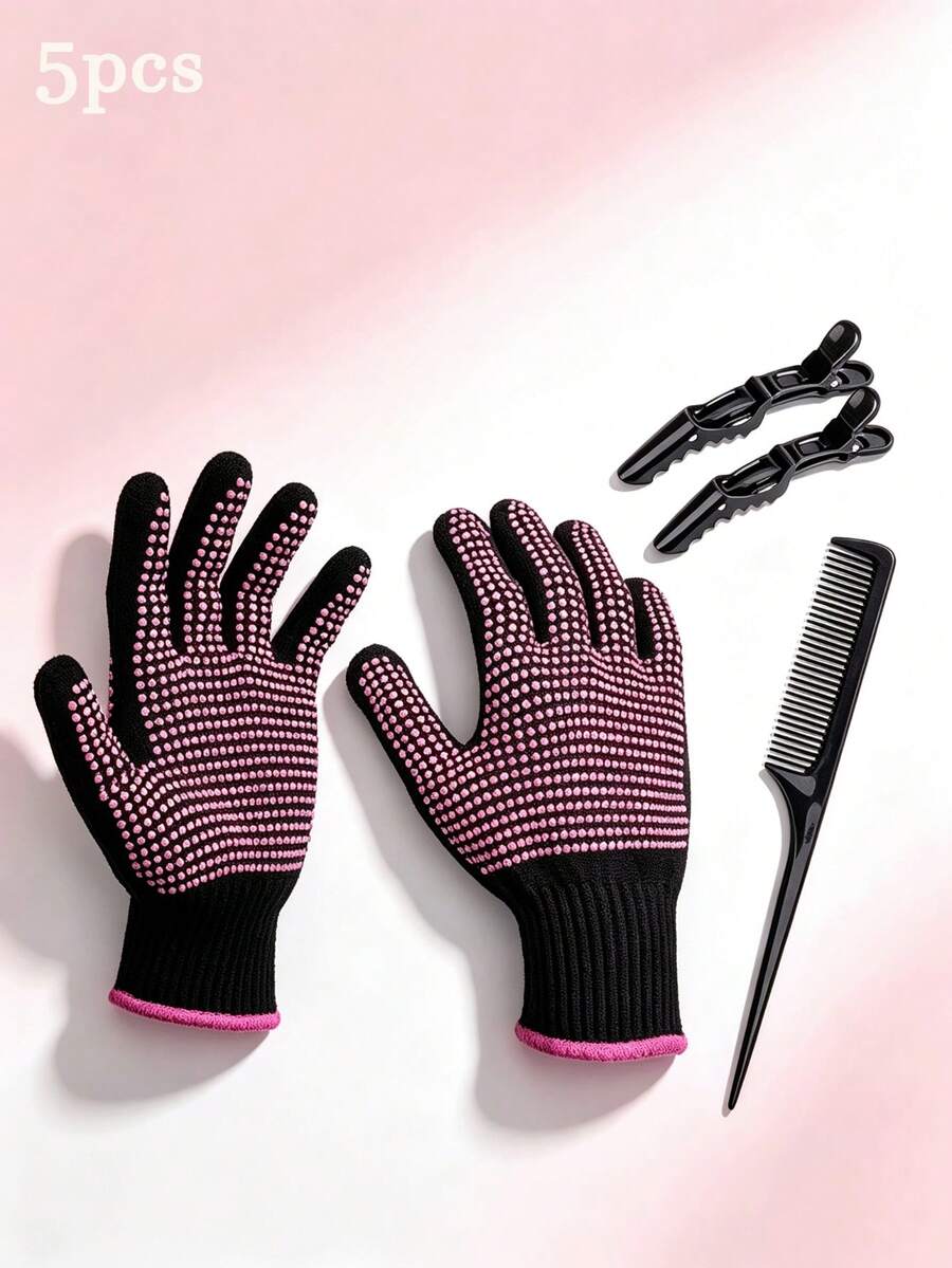 5pcs/Professional Hair Styling Gloves, Includes Hair Clips + Comb, Comfortable Fit, Suitable For Straight, Curly, Dyed Hair, Salon And Home Styling Tools, Essential Hair Accessories For Hair Enthusiasts In Spring And Summer - Multicolor - View 1