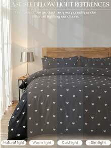 2/3pcs Black Heart Pattern Bedding Set, Soft & Breathable Microfiber Bedding Set, Easy Care, Wrinkle-Resistant, Luxury Hotel Style, Gift For Parents & Friends, Duvet Cover*1, Pillow Case*1/2, Available In Oversized, Queen, Full, Twin Sizes, Suitable For Valentine's Day, Dorm, Back To School - Black - View 5