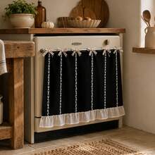 Farmhouse Linen Oven Curtain, Tie Design Stove Decor Cover With White Vertical Chain Pattern & Ruffle Trim, Reusable Kitchen Oven Skirt, Multiple Colors Optional - Multiple Styles - View 10